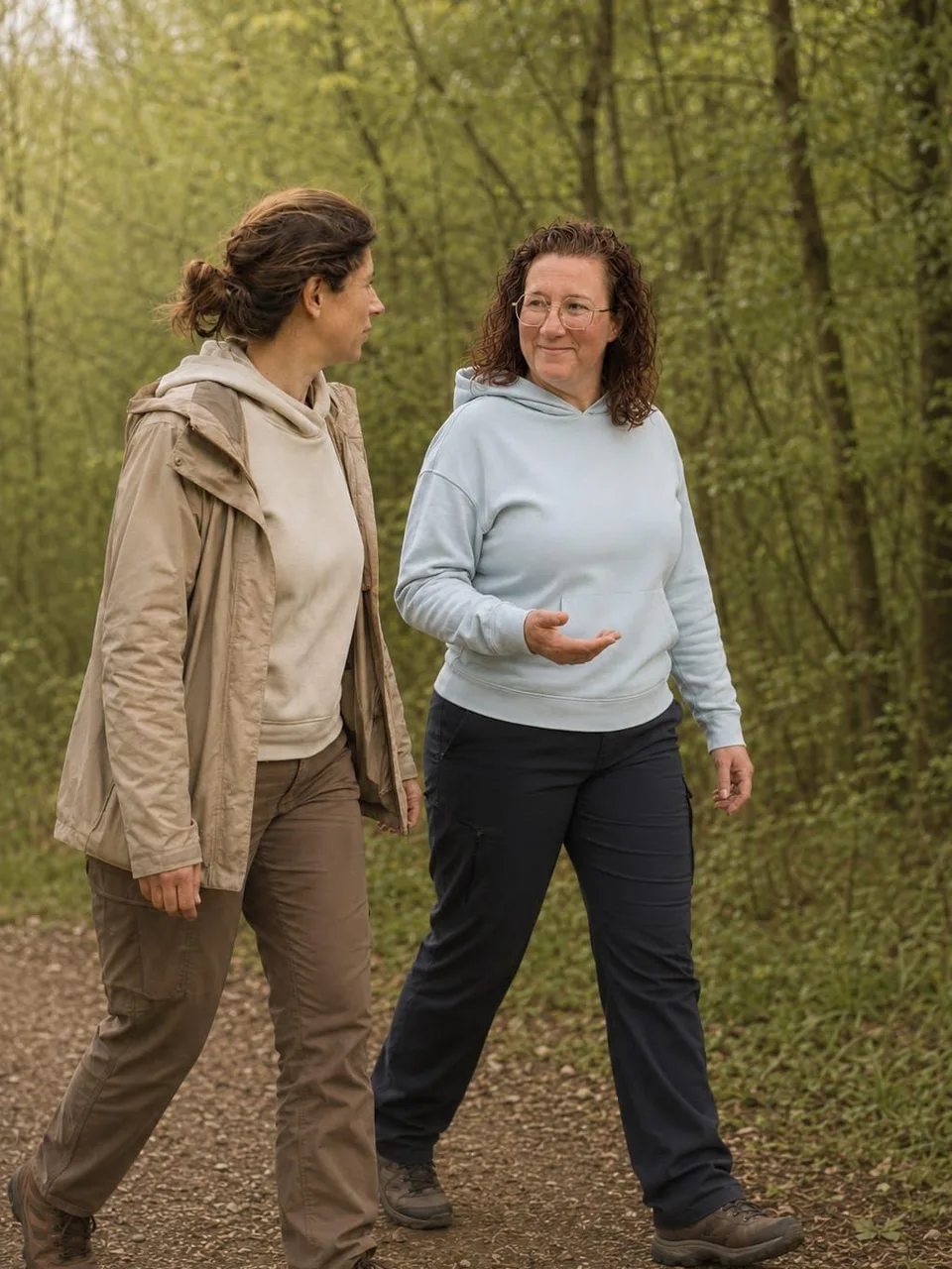 Elisabeth Frisch im Gehen im Gespr&auml;ch mit einer Mutter